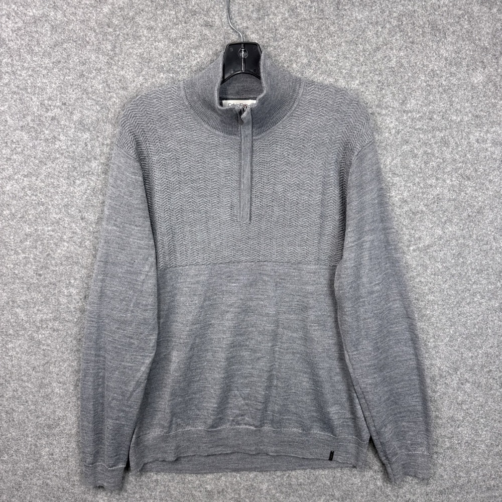 Calvin Klein Sweater Mens Large Gray Merino Wool Blend Quarter Zip Textured Knit